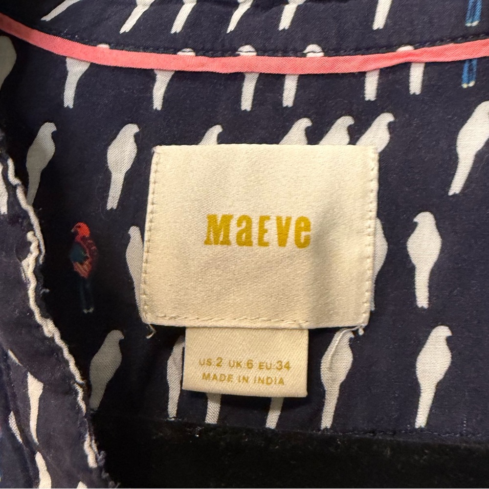 Maeve Anthropologie Navy Bird Print Button Up Blouse Size‎ 2 - Picture 3 of 4